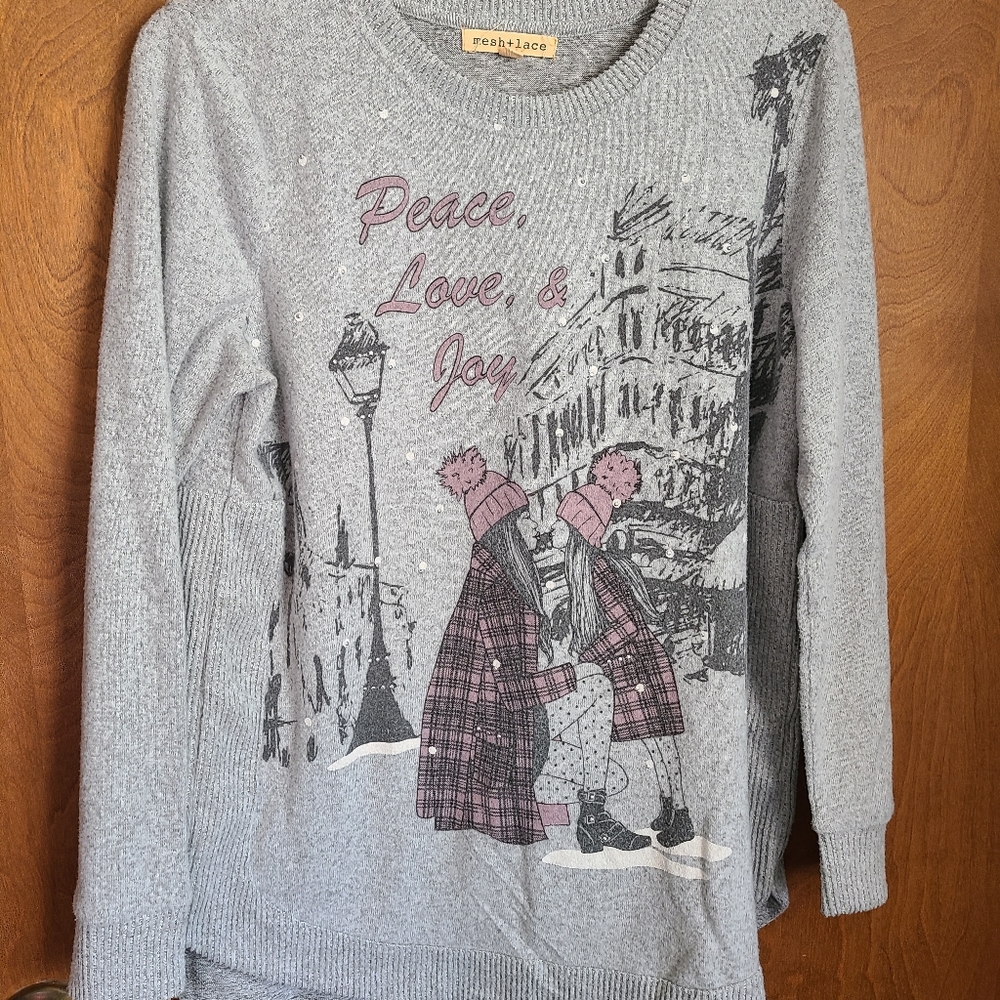 🦩3/$30 Mesh and Lace Gray Holiday Sweater